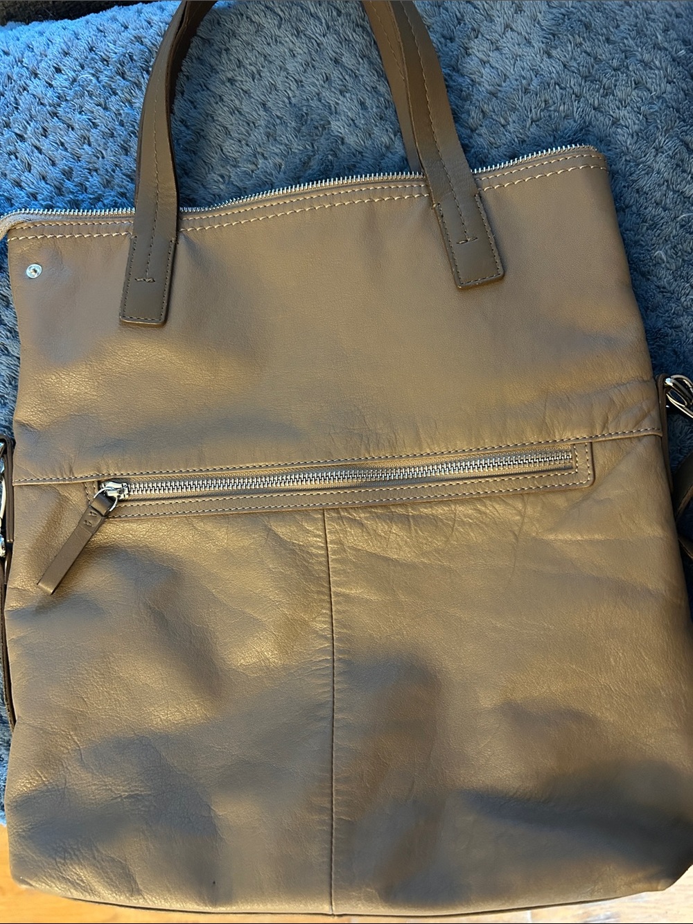 Danier Taupe Leather Tote with Front Zip Pocket and Top Handles